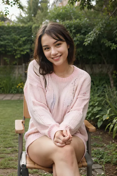 1girl,wear pink sweater, midium brest,cute smile, sitting on a chair, Garden background