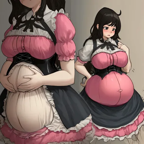 Very pregnant girl trying to put on a corset frustrated that she can&#39;t put it on because of how big her belly is....