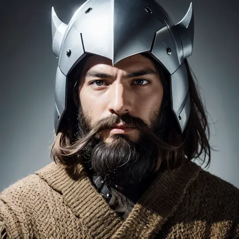 Battle helmet with scratches, white eyes, beard, face skin riped with claws