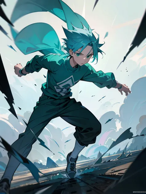 A young man with light blue hair, 15 years old, green eyes, distressed, running anxious, blue sweatshirt outfit, in a dangerous location, anime, cool full-body pose, anime, anime, anime, ultra-detailed, in the middle of a blasted field, HD, art design by Y...