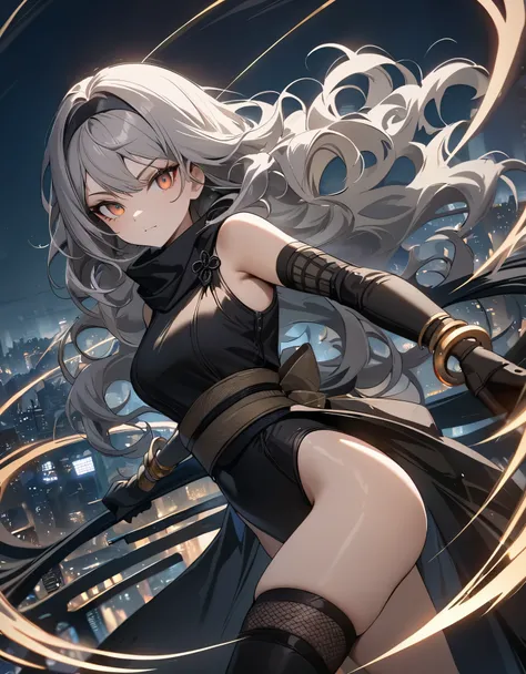 masterpiece, best quality, 1girl, grey hair, shoulder length hair, wavy hair, black hairband, auburn eyes, beautiful detailed eyes, beautiful detailed face, cute face, stoic, professional, ninja, black leotard, black tactical gloves, bare legs, gold bracel...