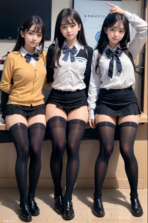 High angle shot、classroom snap、 at school, tall, A baby-faced gal woman wearing a short skirt and a bow tie. ２There are people、(2 girls)、Young girl, Amazingly cute 、Japanese Girls&#39;Green uniform、wear japan 、Japanese school black uniform、wearing surreal ...