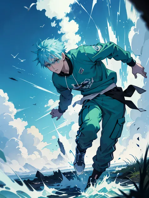 A young man with light blue hair, 15 years old, green eyes, distressed, running anxious, blue sweatshirt outfit, in a dangerous location, anime, cool full-body pose, anime, anime, anime, ultra-detailed, in the middle of a blasted field, HD, art design by Y...