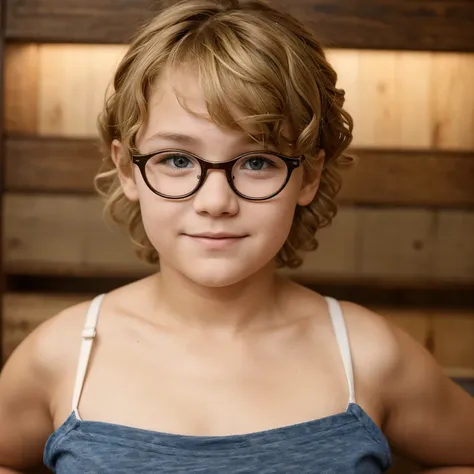 7 year old boy with curly and ash blonde hair, somewhat chubby and wearing glasses