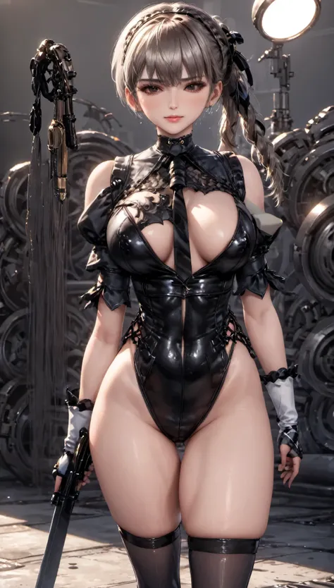 Eve wearing 2B costume, Stellar Blade,black blind folded, large breast, thick thighs, curvy body,1girl,solo,heavy makeup,cute,earrings,ring braid,(lewd smile:1.1),holding mechanical sword,ponytail,idol,hooker, 2B uniform,(battleground:1.1),