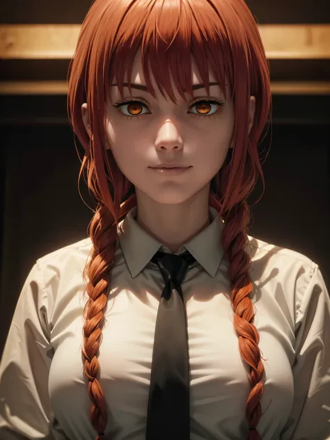 makima (chainsaw man), best quality, ultra detailed, 1girl, solo, standing, red hair, long braided hair, golden eyes, bangs, medium breasts, white shirt, necktie, stare, smile, (evil:1.2), looking at viewer, (interview:1.3), (dark background), from below, ...