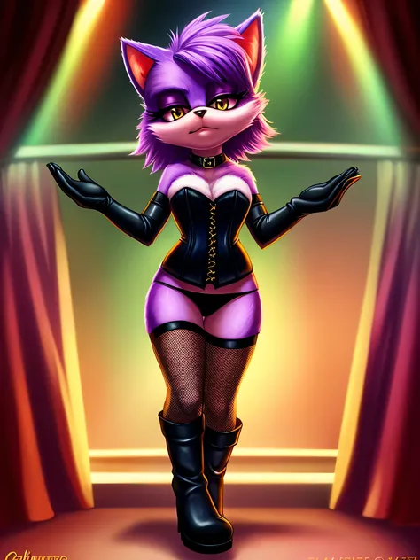 Mobian, short, cat, Purple fur, photorealistic, cinematic lighting, cinematic shadows, female, highly detailed, black corset, fishnet stockings, black boots, black elbow gloves, strip club, black panties