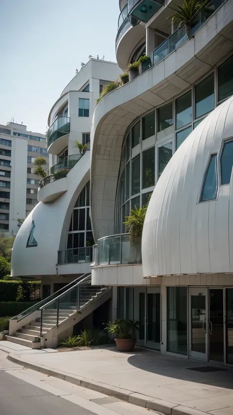 a close up of a building with a lot of windows and a lot of plants, rounded architecture, organic architecture, realistic architecture, apartment complex made of tubes, architectural render, architecture render, zaha hadid octane highly render, future arch...