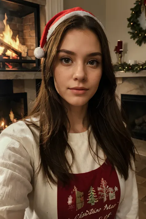 (best quality)), ((masterpiece)), (detailed), perfect face. a close up selfie of in a in Christmas clothes she is near a fiery fireplace