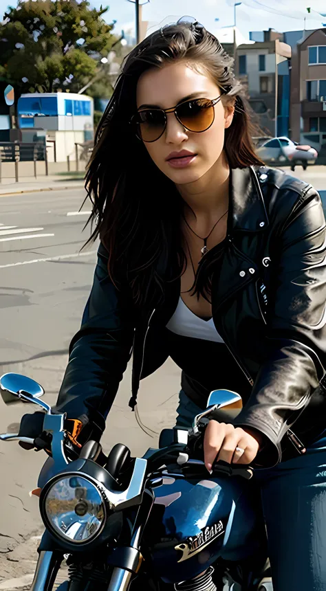 (realistic,photorealistic,photo-realistic:1.37), 1girl,riding,motorcycle,detailed eyes and face,looking at the camera,beautiful detailed lips,wind blowing hair,leather jacket,cool sunglasses,scenic background,urban environment,vibrant colors,bright sunligh...