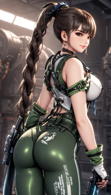 Eve, Stellar Blade, big breast, thicc thighs, curvy, 1girl,solo,heavy makeup,cute,earrings,ring braid,(lewd smile:1.1),holding long mechanical sword,ponytail,idol,hooker,military uniform,(battleground:1.1), showing back, big buttocks, 