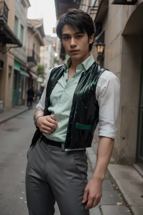 ((mArafed image of a man with light gray green shirt and black pants green sequin vest., hombre guapo animado, pose de anime guapo, delicate androgynous prince, cuerpo completo de un solo personaje, personaje de anime masculino, personaje masculino, beauti...