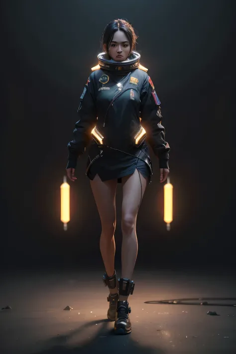 A long shot of a cinematic photo of a female space, simple black background, full body, octane render, high quality, 24k photorealistic, good face