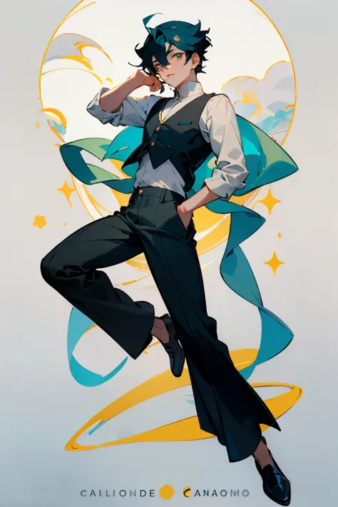  man with light gray green shirt and black pants green sequin vest, hombre guapo animado, pose de anime guapo, delicate androgynous prince, cuerpo completo de un solo personaje, personaje de anime masculino, personaje masculino, beautiful androgynous princ...