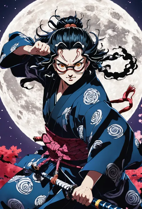 Akaza, the Upper Moon Three of the Twelve Demon Moons of Kimetsu no Yaiba, with four arms and four eyes in combat position.