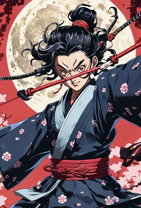 Akaza, the Upper Moon Three of the Twelve Demon Moons of Kimetsu no Yaiba, with four arms and four eyes in combat position.