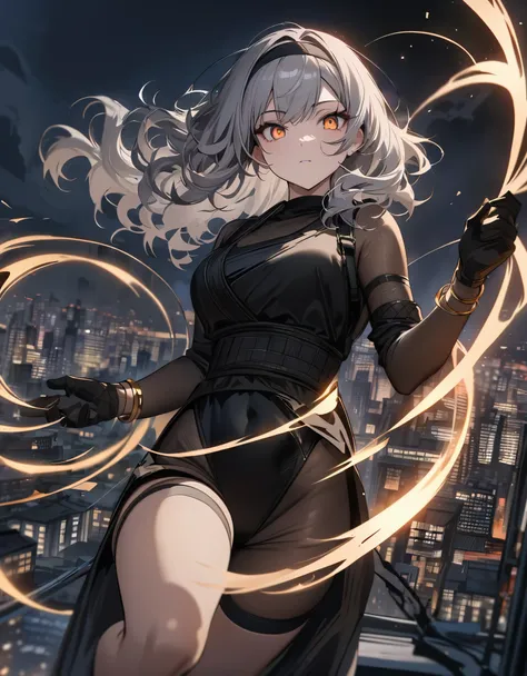 masterpiece, best quality, 1girl, grey hair, shoulder length hair, wavy hair, black hairband, auburn eyes, beautiful detailed eyes, beautiful detailed face, cute face, stoic, professional, ninja, black leotard, black tactical gloves, bare legs, gold bracel...