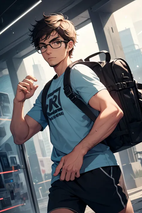 Nerd Jogando: A Nerdy Man Running

Exquisite facial features depicting a nerdy man, Three-dimensional facial features, Perfect face, Wearing glasses, T-shirt and shorts, Running shoes, Sweat dripping from his brow, Majestic-looking, Carrying a backpack ful...