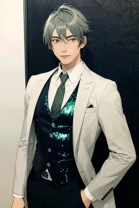  man with light gray green shirt and black pants green sequin vest, hombre guapo animado, pose de anime guapo, delicate androgynous prince, cuerpo completo de un solo personaje, personaje de anime masculino, personaje masculino, beautiful androgynous princ...