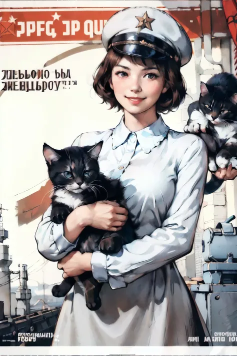 (best quality:1.2), woman with kitty, smile, looking at camera, soviet union, poster, 