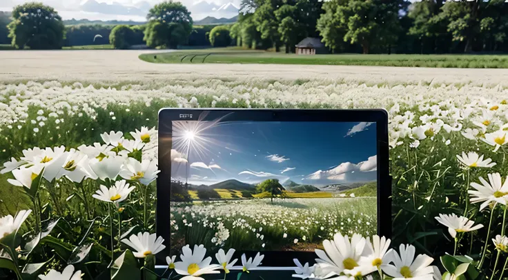 Computer interface Sunny landscape Field full of white flowers