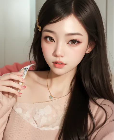 A closeup of a woman with long hair wearing a pink sweater, ulzzang, joven y adorable rostro coreano, maquillaje coreano popular, maquillaje popular de corea del sur, hermosa joven coreana, muchacha coreana, hermosa joven coreana, hermosa mujer surcoreana,...