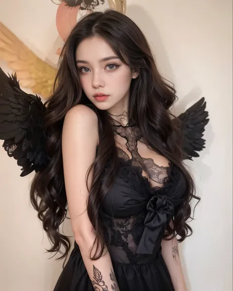 arafed woman with black wings and a black dress, villainess has black angel wings, wings black lace wear, angelic wings on her back, of an beautiful angel girl, bladed wings lace wear, angel with black wings, black angel wings, beautiful succubus, wings la...