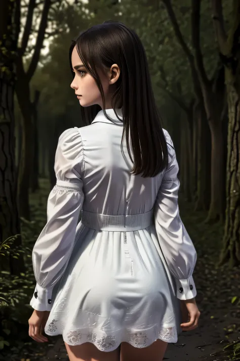 ((Super detailed,ultra high resolution,detailed background)),ancient city,dark forest at night,spooky,Chill,Inspiration,1 girl,wearing a minidress、Wearing a white collared long-sleeved blouse、facing away