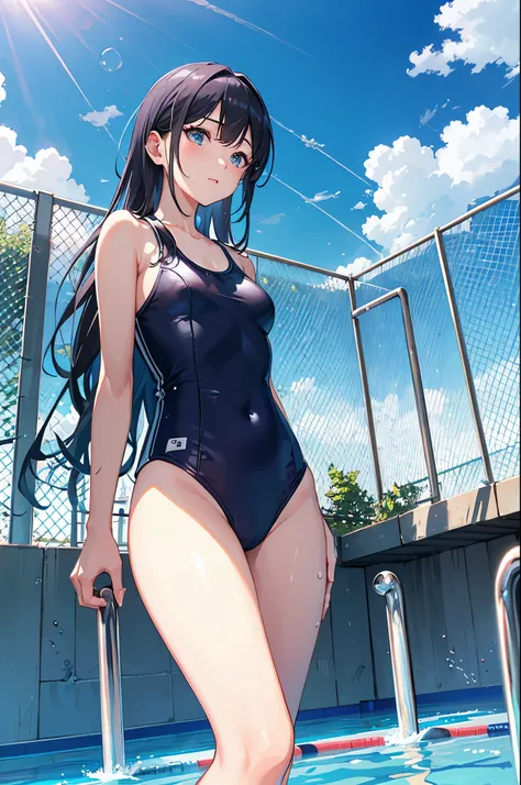 Blue sky、summer、Outdoor swimming pool at school、Poolside、Low - Angle、((from below:1.2)), chain link fence、high quality、最high quality、Complete limbs、Ultra-high resolution、Shining Eyes、Full hands and fingers、Slender beauty、Random hair color、、wear school swim...