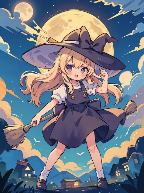 super high quality　Super high quality　masterpiece　Kirisame Marisa　Cute face　full moon　night　one person　Spanning the broom