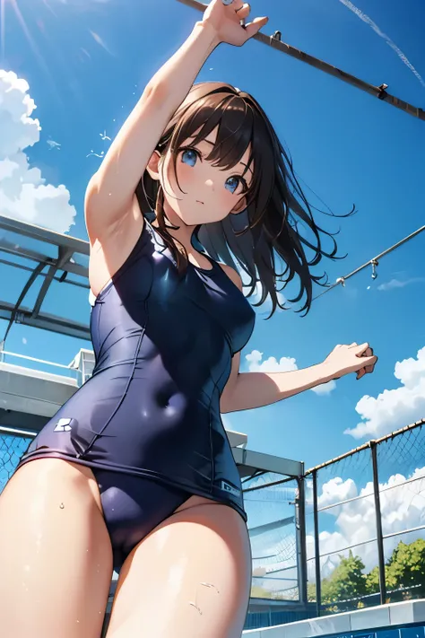 Blue sky、summer、Outdoor swimming pool at school、Poolside、Low - Angle、((from below:1.2)), chain link fence、high quality、最high quality、Complete limbs、Ultra-high resolution、Shining Eyes、Full hands and fingers、Slender beauty、brown hair、wear school swimsuit、