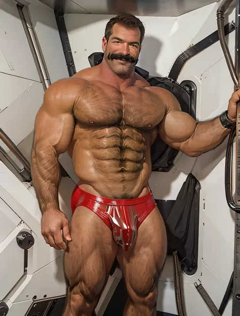 full body portrait, strong burly hairy mature older man(space captain), wearing futuristic captains uniform insignia (neon and black) (open and revealing) (latex) , gray hair, broad shoulders, round belly, thick feet, bulging micro thong, barefoot, scifi s...