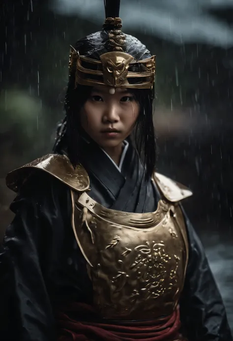 an ultra realistic ultra detailed photograph of masked young cute Japanese samurai girl, posture, beautiful face, scars on face, oiled white gold skin tone, wet in the rain, ready to fight with katana, full body, scary background and darktone, beautiful de...