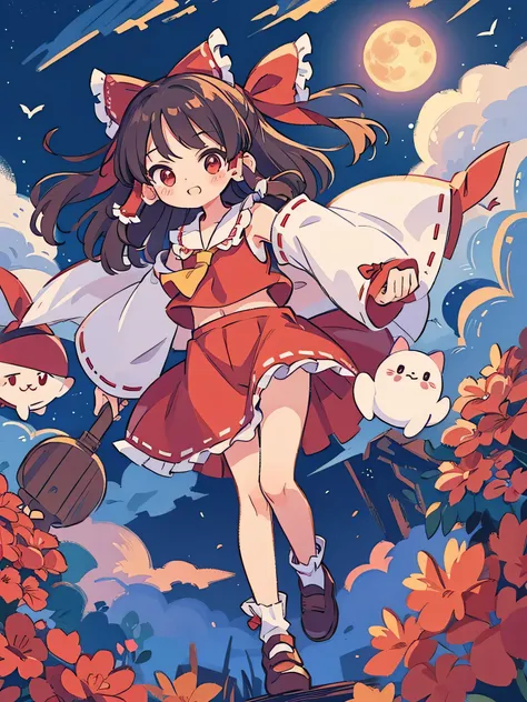 super high quality　Super high quality　masterpiece　Reimu Hakurei　Cute face　full moon　night　one person　