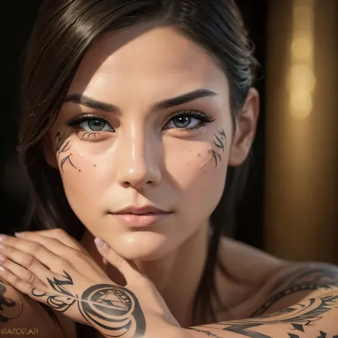 Tattooed woman, raw, Parfait visage, ((Detailed face:1.2)), ((detailed facial features)), Finely detailed skin with intricate tattoo designs, Tanned, ((Portrait)), Ultra-detailed, Sharp focus, photographed in a Canon EOS R5, 50mm Lens, F/2.8, nffsw, (8K) (...