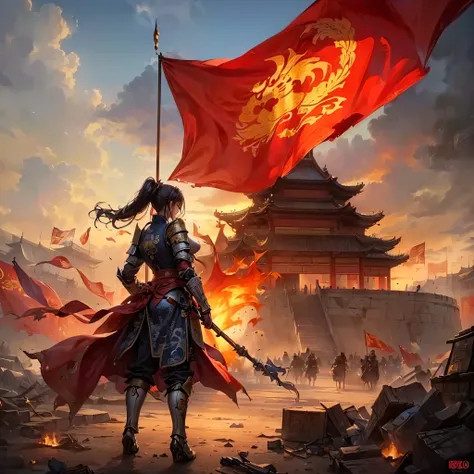 ((Epic creation，Ancient battlefield of China，A woman in armor holds a tattered red flag，bodies everywhere，Rich scene details，siege，In the distance is the tall city gate))，((8k+Ultra-high resolution+Ultra HD+masterpiece+detailed)),(high ponytail)