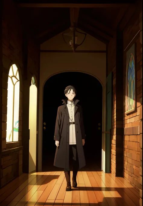 ((Anime)), ((boy)), ((at the entrance to the room)), (masterpiece:1.2), Best quality, a high resolution, unity 8k wallpaper, (illustration:1.2), (very detailed face), (Perfect hands), (Ideal Anatomy), (black hair), (long bangs), (black leather coat), ((Hig...