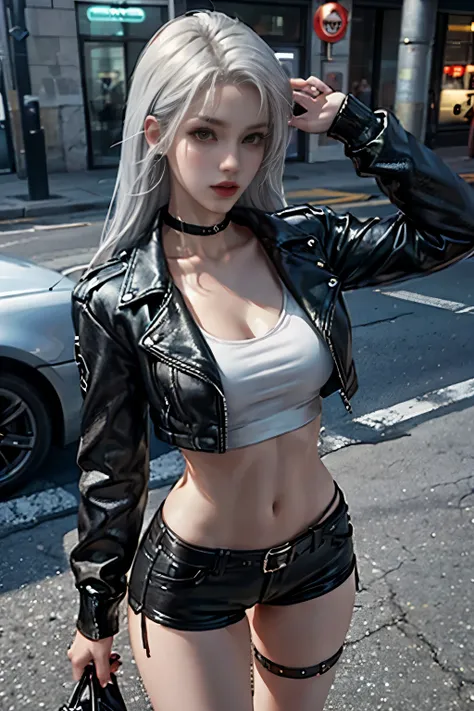 overhead view, 1 woman, leather short shorts, leather jacket, silver hair, long hair, wide hips, leaning to the side, street