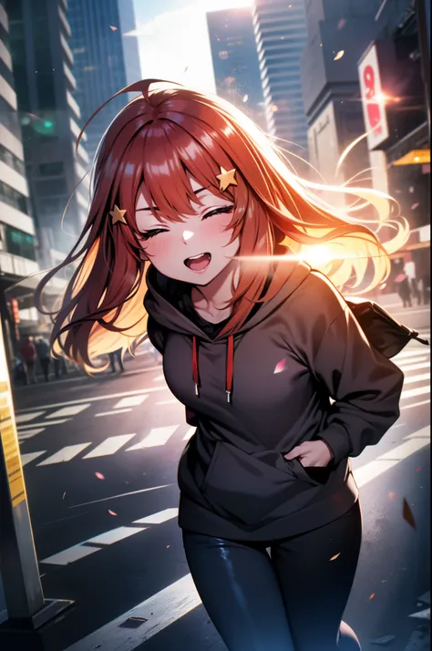 itsukinakano, Itsuki Nakano, bangs, Ahoge, Redhead, star (symbol), Close your eyes,hair ornaments, star hair ornaments,smile,blush,wearing a hood,red oversized hoodie,Shorts,White Pantyhose,high cut sneakers,(Great Laugh:1.1), (Open your mouth:1.1), Sun gl...