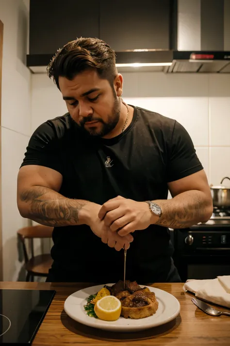 homem obeso sentando na cadeira da mesa de cozinha