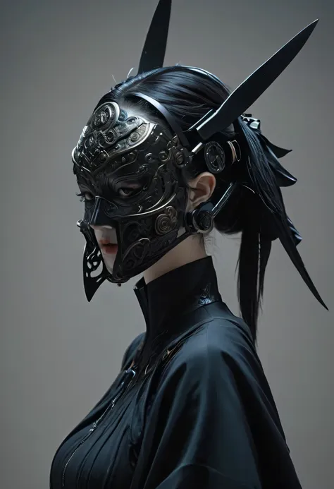 arafed image of a person dressed in a black outfit and a mask, very beautiful cyberpunk samurai, gothic - cyberpunk, orthodox cyberpunk, rococo cyberpunk, ornamental gothic - cyberpunk, ornate cosplay, occult cyberpunk, mystical post apocalyptic cyborg, st...