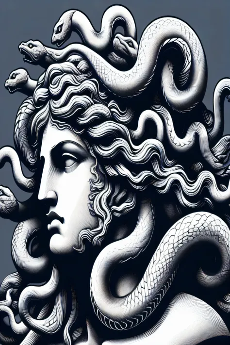 a close-up of the statue of a woman with snakes on her head, male Medusa, portrait of Medusa, Medusa, Medusa portrait painting, Medusa head, Medusa Gorgon head, fierce Medusa, Gorgon, dark portrait of Medusa, portrait of teenage Medusa, beautiful female Go...