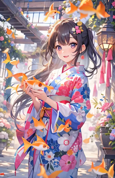 ((highest quality)), ((masterpiece)), (Get used to it), Perfect Face , Adult female , yukata , Summer festival , Goldfish , wind chimes ,