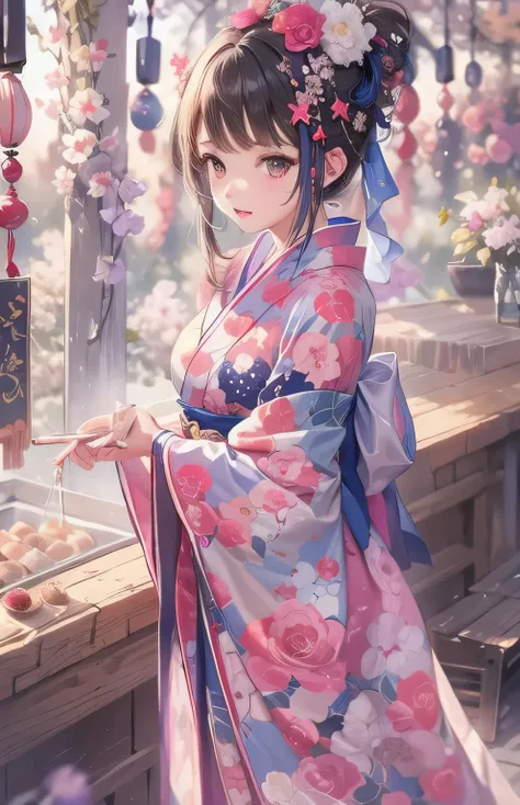 ((highest quality)), ((masterpiece)), (Get used to it), Perfect Face , Adult female , yukata , Summer festival ,  wind chimes ,