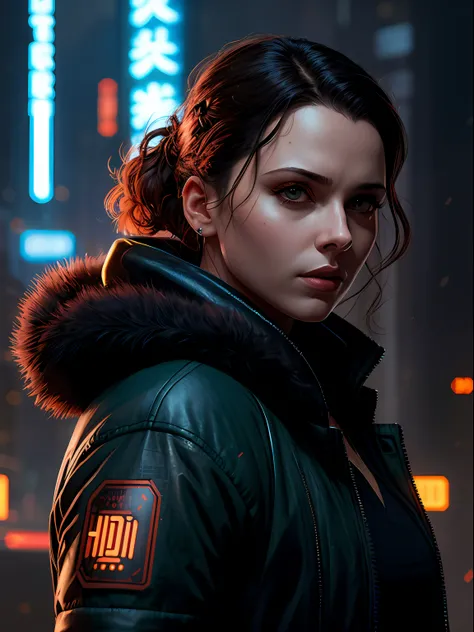 Close-up, neve, blade runner aesthetics, Jantar Blade Runner, uma Black Widow muito bonita, com roupas cyberpunk em uma cidade cyberpunk movimentada com placas de neon, neon lights, sharp focus, Studio photo, detalhes intrincados, altamente detalhado, prof...