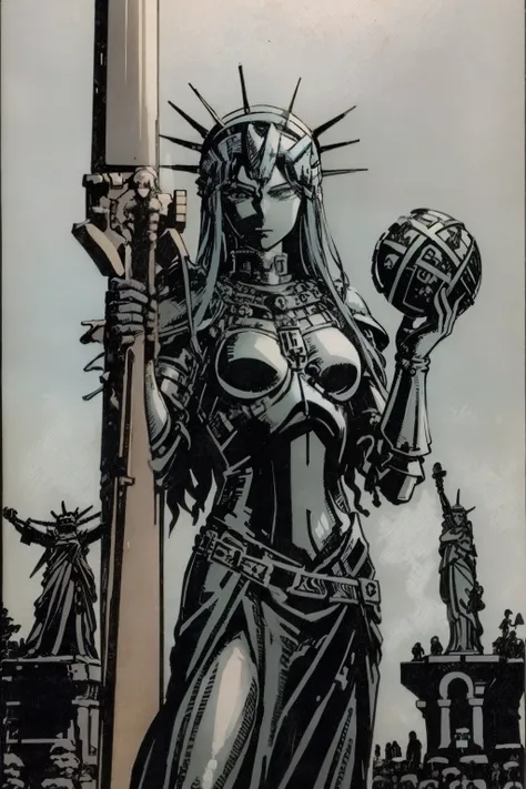 tarot card, iron armor, statue of liberty, Iron Maiden, torture device, girl with metal skin,