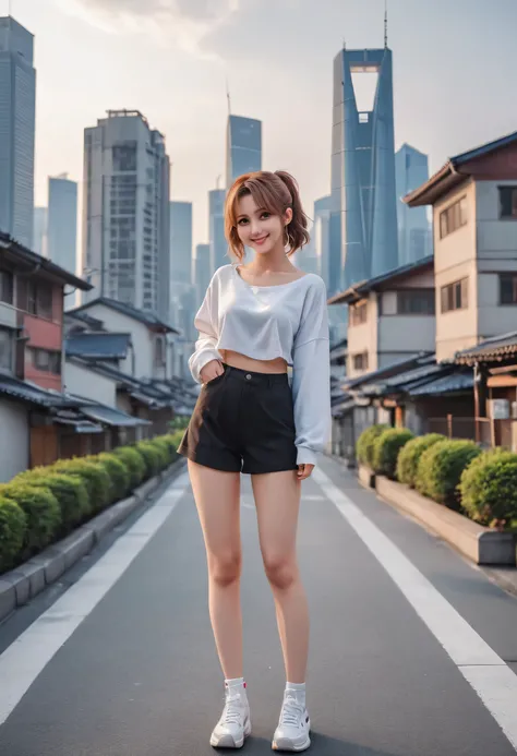 masterpiece、Mastepiece、girl、Random hairstyle、clear eyes、look at the viewer with a smile、Perfect proportions、full body shot、random clothes、Sexy pose、The background is the cityscape