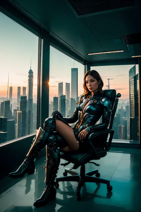 office in a skyscraper in a big city, female cyborg sits with his feet up in a luxurious chair, Heavy mens boots, high quality, absurdity, masterpiece, Beautiful, complex parts, 1/2 body trimmings, slender body, Beautiful figure, Magnificent Anatomy, (comp...