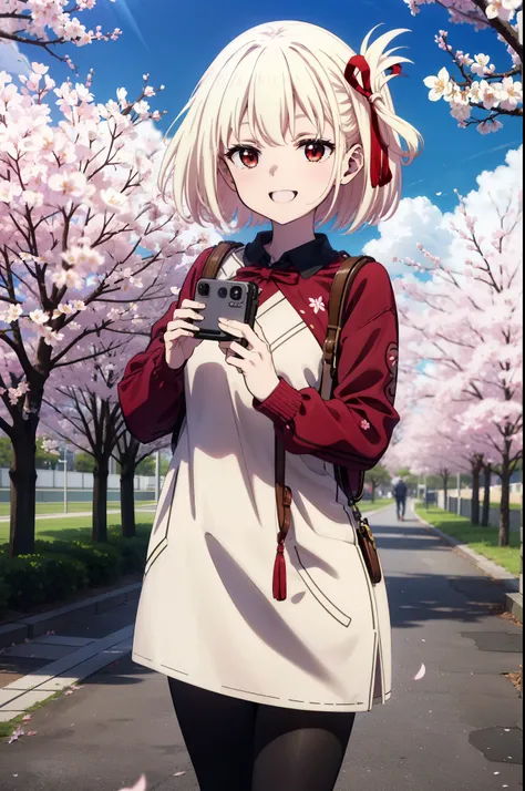 chisatonishikigi, Chisato Nishikigi, Long Hair, bangs, Blonde, (Red eyes:1.5), hair ribbon, One side up,happy smile, smile, Open your mouth,Red oversized sweater,Shorts,Black pantyhose,Mini Boots,Cherry blossoms are blooming,Cherry blossoms are scattered,C...