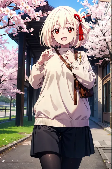 chisatonishikigi, Chisato Nishikigi, Long Hair, bangs, Blonde, (Red eyes:1.5), hair ribbon, One side up,happy smile, smile, Open your mouth,Red oversized sweater,Shorts,Black pantyhose,Mini Boots,Cherry blossoms are blooming,Cherry blossoms are scattered,C...